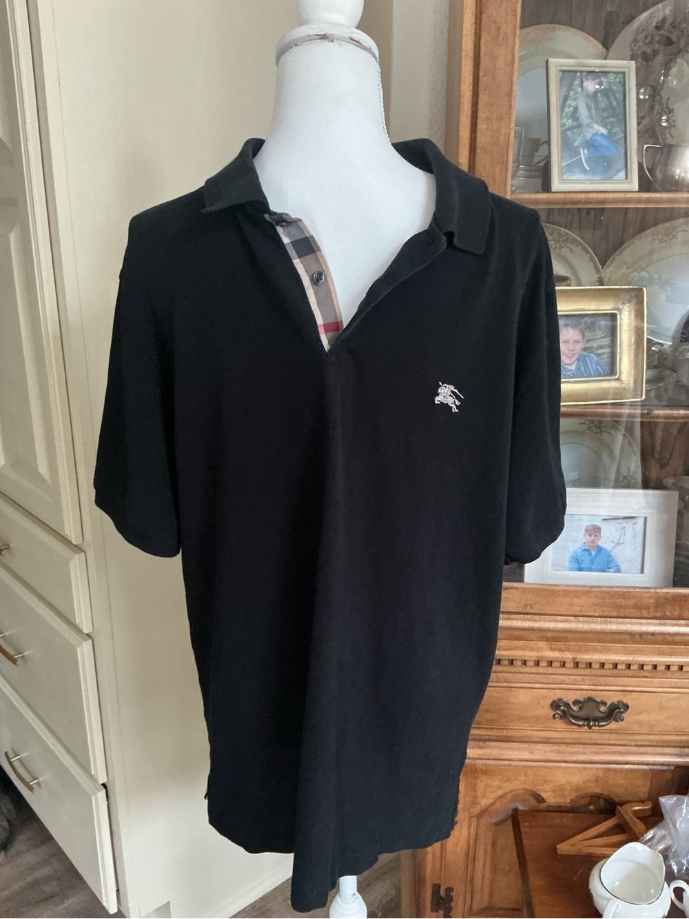 Burberry Black Polo with Signature Check Placket XL